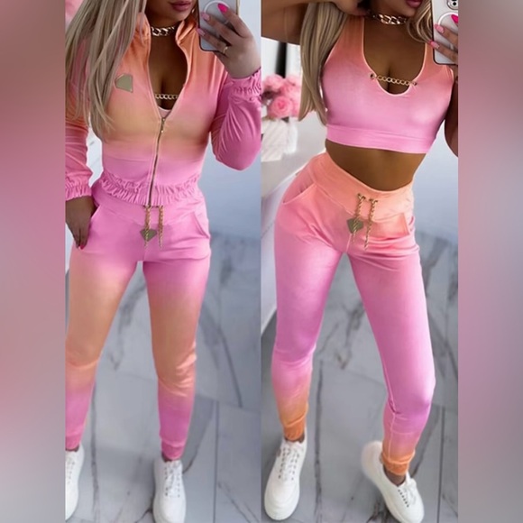 Gold Link Chain Ombre Matching 3 Piece Women’s Velvet Tank Top Velour Tracksuit - Picture 5 of 9